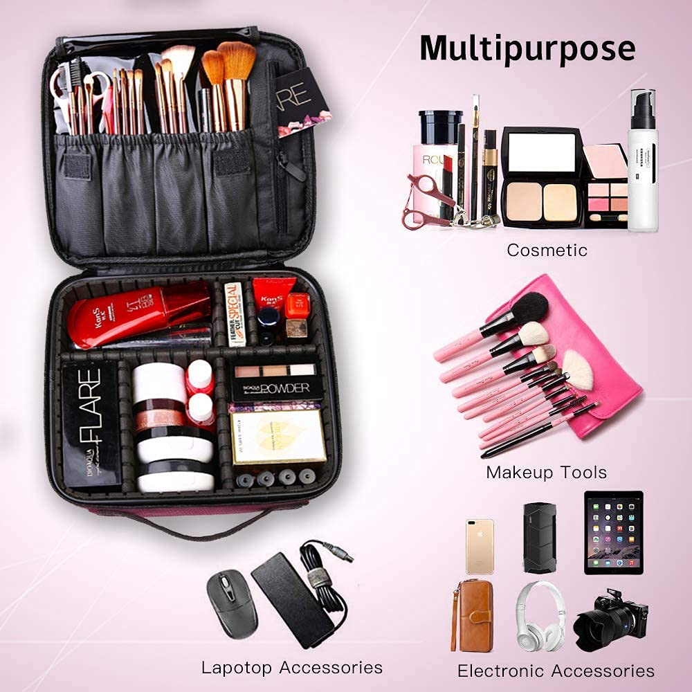 gzcz Makeup Travel Bag 10.4 Inches Cosmetic Case Professional Make Up Bag Cosmetic Brush Organizer Bag with Adjustable Divider, Storage Case for Girls and Women(S - Rose Red)