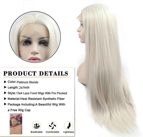 AFBeauty Platinum Blonde Wigs for Women Straight Blonde Synthetic Lace Front Wig Long Glueless Blonde Wig White Blonde Lace Front Platinum Wig 22Inch Heat Resistant Fiber Hair Daily Cosplay Wear