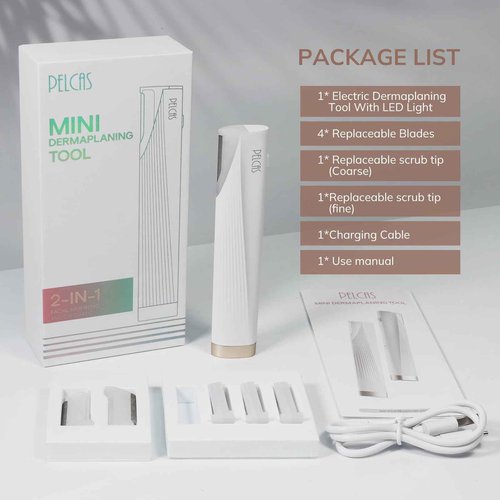 PELCAS Electric Dermaplaning Tool for Face with LED Light, Mini Facial Dermaplaning Razor Kit, Painless 3 Speeds Facial Peach Fuzz & Hair Removal at Home for Women with 6 Blades Off White