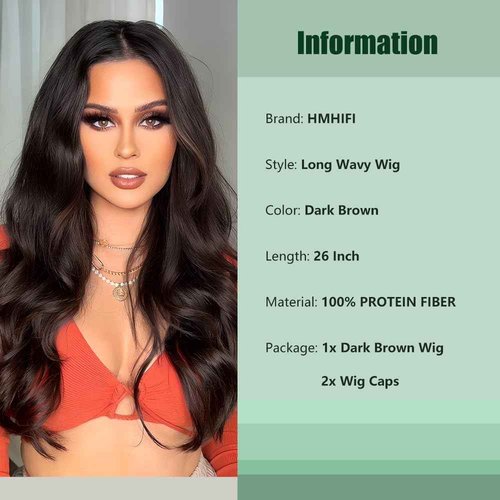 Long Brown Wig for Women 26Inch Wavy Curly Dark Brunette Hair Wigs Synthetic Hair Replacement Heat Resistant Hair Wig for Daily Party Use
