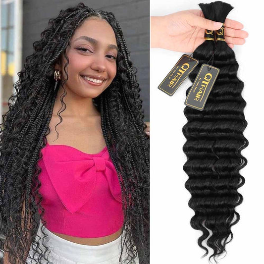 QTHAIR Deep Wave Bulk Human Hair For Braiding No Weft (24"#1 Jet Black) 16A 100% Unprocessed Brazilian Deep Wave Human Hair Virgin Hair Extensions Two Bundles Micro Braiding