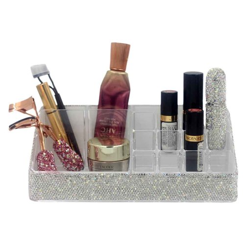Bestbling Bling Rhinestone Luxury Multi-Functional Acrylic Transparent Makeup Organizers Display Rack -Large Capacity Cosmetic Organizer, Storage, Box & Desktop Lipstick Holder (Silver)