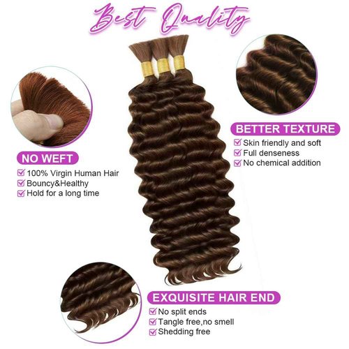 100 Percent Human Boho Braiding Hair 120g Color 4 Deep Wave Bulk Boho Hair for Braiding Curly Bundles Human Hair for Boho Braids Wet and Wavy Braiding Hair Extension No Weft 3 Bundles/Pack Brown18Inch