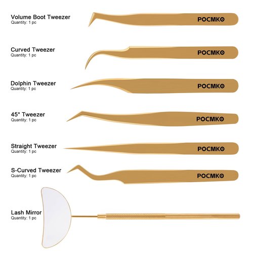 POCMKO Lash Tweezers for Eyelash Extensions, Professional Eyelash Tweezer Set, Lash Extension Tweezer Kit (Set of 7, Gold)