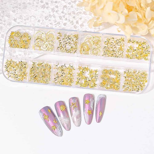 450pcs Sun Moon Stars Gold Nail Charms, 12 Grids/Box Metal Rivets Nail Art Charms 3D Star Charms for Nails Design Alloy Nail Studs Nail Jewelry Starlight Nail Charm Nail Jewels for Nail Art Supplies