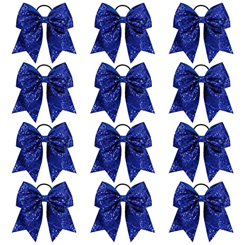 12 PCS 8" Large Glitter Cheer Bows Blue Girl Hair Bows Sparkly Cheerleading Softball Team Bow Hair Accessories for cheerleaders football Competition Sports