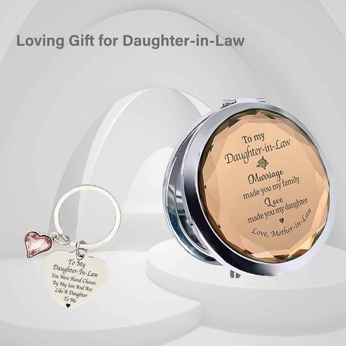 MALLAbyLAMMA to My Daughter-in-Law Gifts: Compact Mirror Engraved, Keychain, Sentimental Gift for Birthday, Christmas, Mother's Day