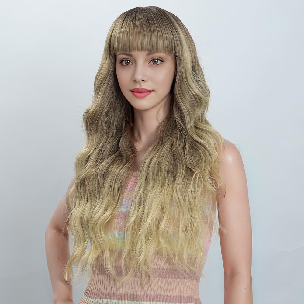 IFSUP Long Blonde Wig with Bangs 26inch Wavy Curly Wigs for Women Upgraded Synthetic Protein Fiber Natural Looking Hair Replacement Wigs Cosplay Costume Halloween Wigs(26'' Ombre Blonde)