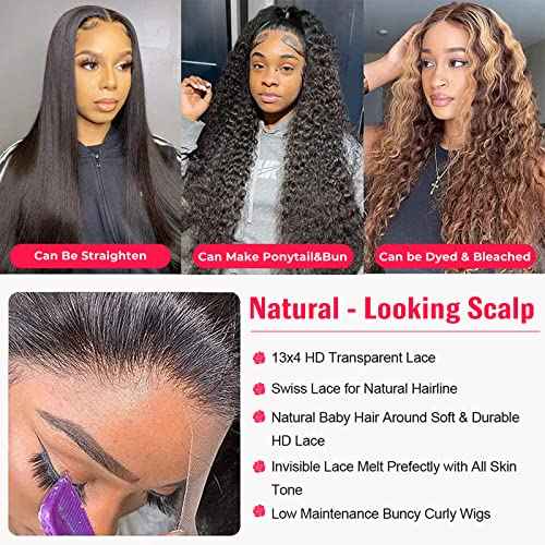 Deep Wave Lace Front Wigs Human Hair 180 Density 13x4 HD Transparent Frontal Wigs Human Hair for Women Deep Curly Glueless Wigs Human Hair Pre Plucked with Baby Hair 24Inch