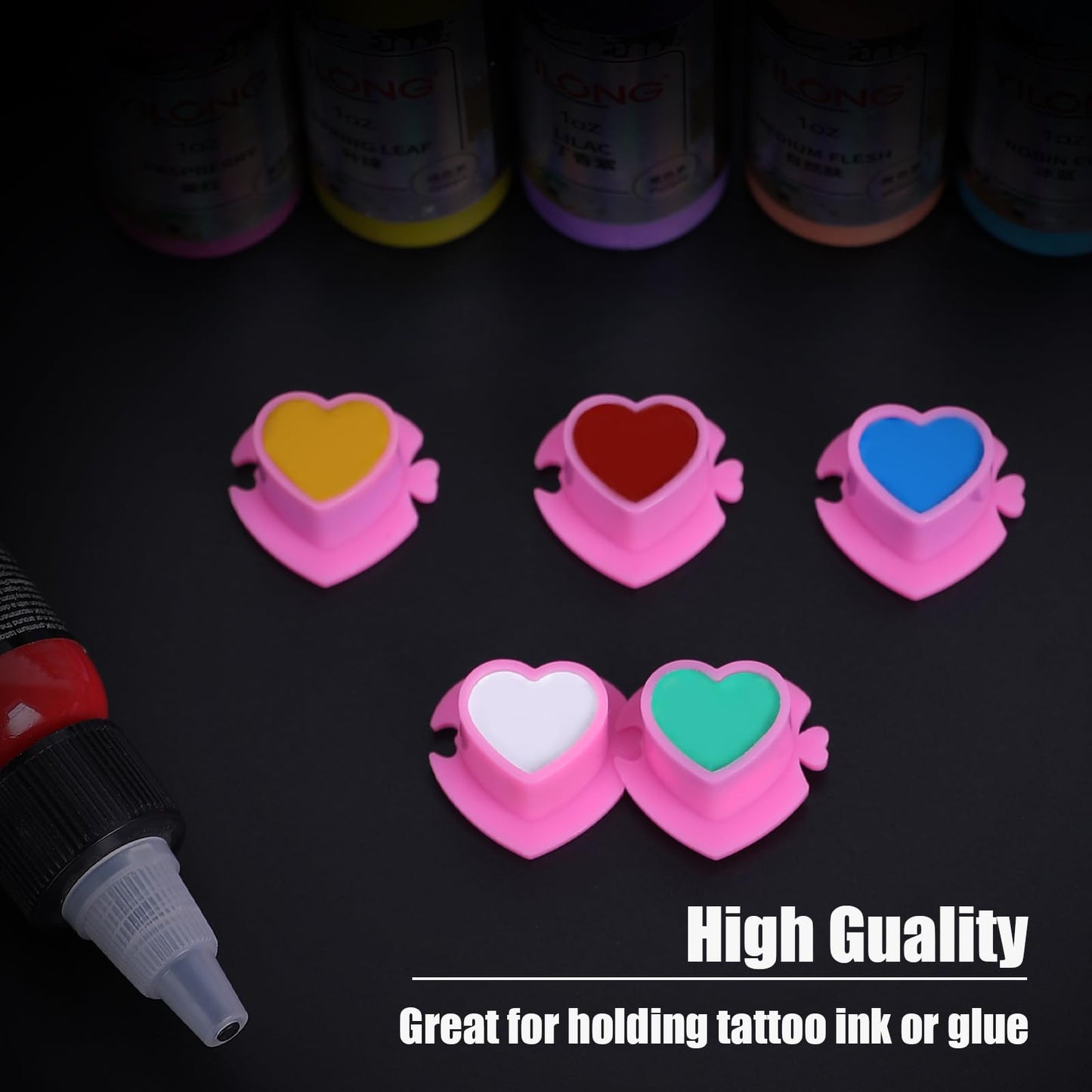 YILONG Heart Tattoo Ink Caps With Base 200PCS Disposable Pigment Holder Clear Plastic Pigment Cups Tattoo Accessory Tattoo Supplies Tattoo Kits,Pink