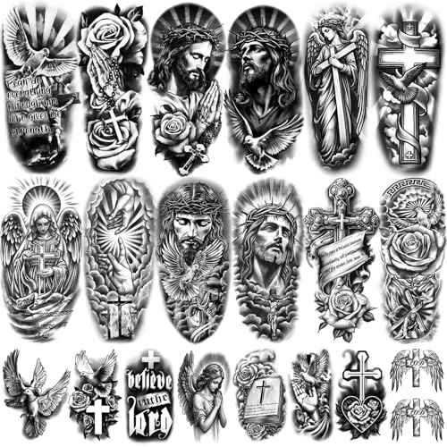 77 Sheets Christian Temporary Tattoo Adult, Religious Jesus Christ Cross Angels God Half Arm Fake Tattoos, Christ Catholic Realistic Tiny Body Temporary Tattoos for Men and Women Kids