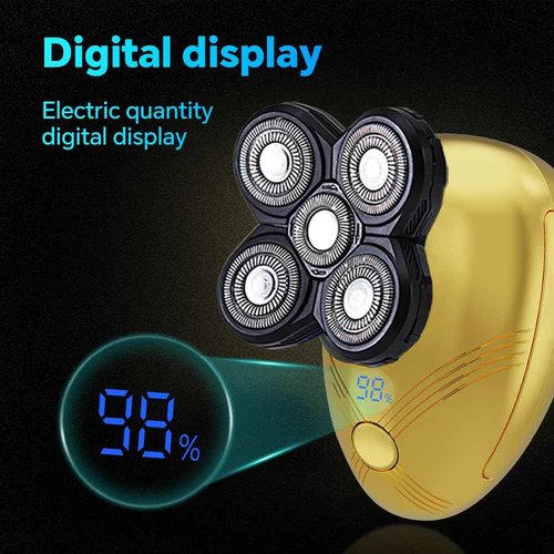5-in-1 Electric Cordless Razor for Men Head Shaver for Bald Men Grooming Kit with Nose Trimmer-Hair Clippers-Facial Brush, LED Display Rotary Shavers,USB Charging Rechargeable (Gold)