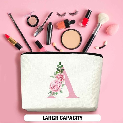 Pink Monogram Makeup Bag, Initial A, Cosmetic Bag Personalized Travel Organizer Bags Makeup Pouch, Monogrammed Gifts for Women Girls Friend Sisters Daughter Bridesmaid Wedding Bridal Shower Gifts