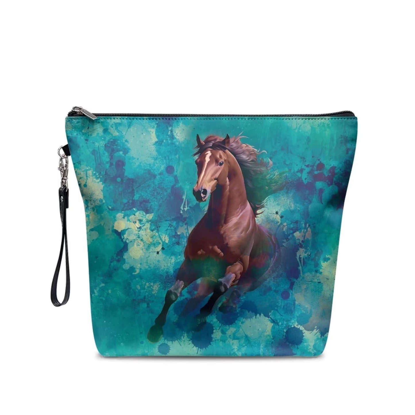 Wanzuoeng Handle Zipper Makeup Bag, 3D Horse Print Travel Bag, Large Capacity Leather Cosmetic Bag, Waterproof Portable Toiletry Bag