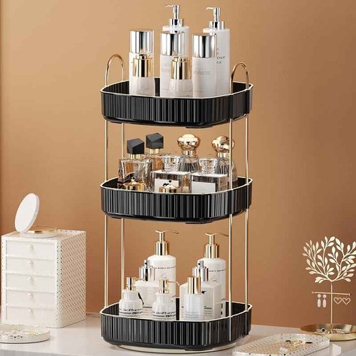 360° Rotating Makeup Organizer, Spinning Bathroom Organizer Countertop, Large Capacity Cosmetics Skincare Organizer for Bathroom Vanity Dresser Table (Black, 3 Tiers)