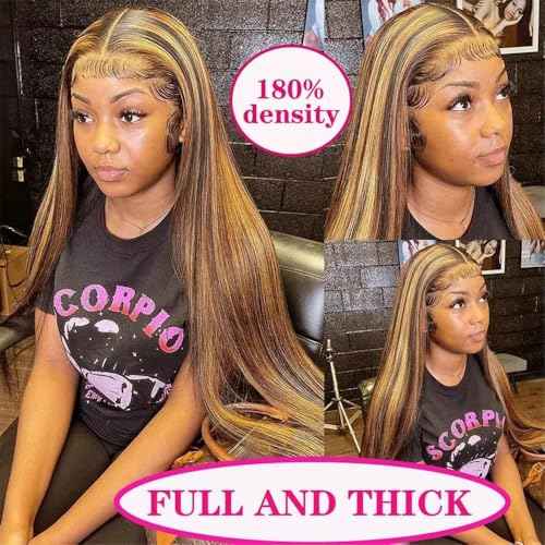 SIFULAN 13x4 Honey Blonde Lace Front Wig Human Hair 180 Density 26 Inch Highlight Ombre Straight HD Transparent Lace Pre Plucked Human Hair Wigs for Women P4/27 Color