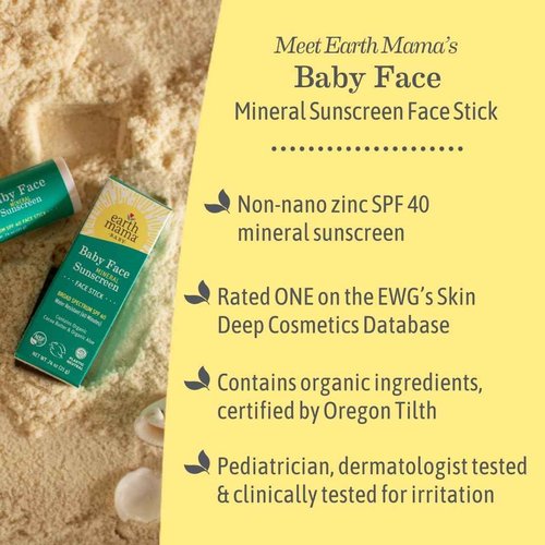 Earth Mama Baby Face Mineral Sunscreen Stick SPF 40 | Non-Nano Zinc, Natural Water Resistant Sun Cream for Babies, Kids & Adults 0.74-Ounce, 3-Pack