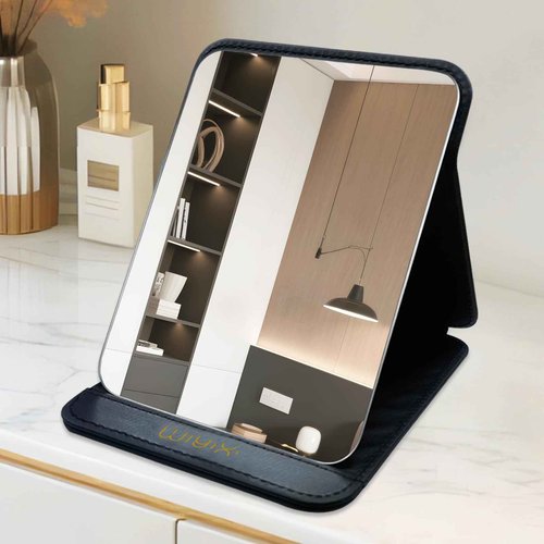 SYHITOU Foldable Travel Makeup Mirror, Adjustable Angle Portable Standing Vanity Mirror, Compact PU Leather Design for Home/Camping/Desktop Use,Classic Black (8.4"x6")