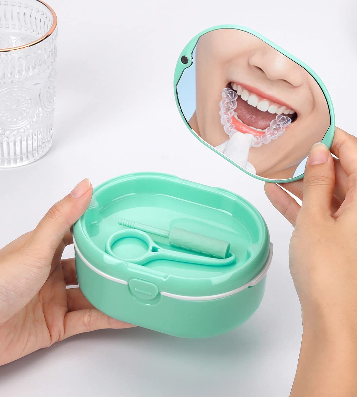 MURRI&MURRDI Retainer Case, Denture Bath Box with Strainer Basket, Mouth Guard Case, Braces Cleaner Cup, Cute Denture Holder Storage Soak Container for Travel Cleaning (D Green)