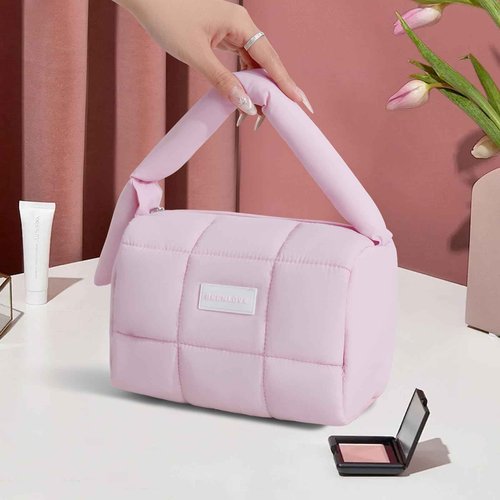 Cute Puffy Makeup Bag with Handle, Quilted Cosmetic Organizer Bag, Waterproof Travel Toiletry Pouch, Portable Handbag with Zipper for Women and Girls (Purple)