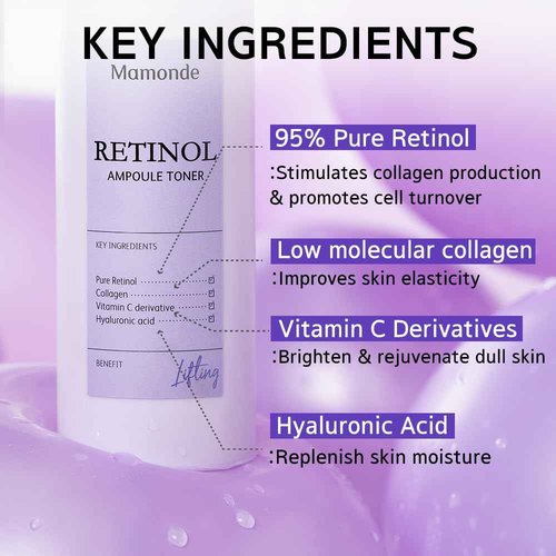Mamonde Retinol Vegan Face Toner - Korean Daily Anti-Aging Ampoule-Like Texture for Sensitive Skin, Hyaluronic Acid, Vitamin C, Dermatologically Tested, 8.45 Fl Oz.
