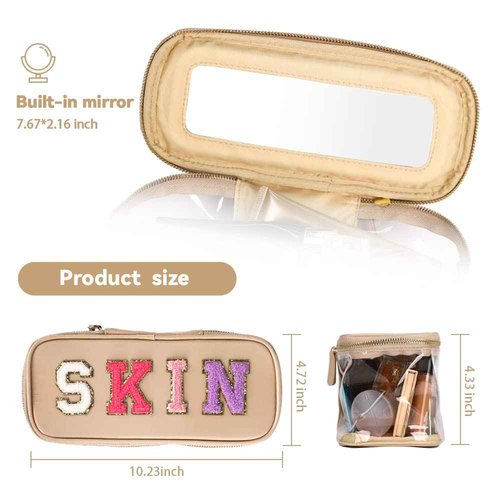 MEEJUNE Portable Chenille Letter Clear Preppy Makeup Zipper Bag Waterproof Foldable Organizer Travel Storage Purse For Vacation Travel, Bathroom
