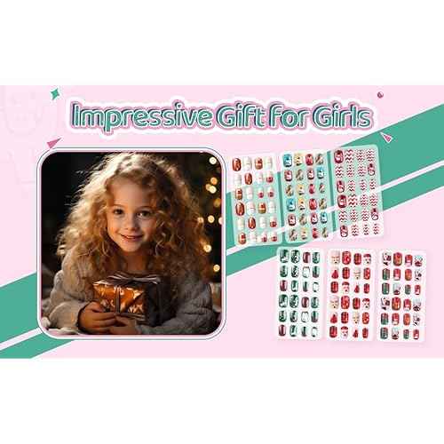 144Pcs Kids Press on Nails - Children Girls Short Artificial Fake Nails, No Fading Stable Cute Pre-Glue Full Cover Acrylic Tip Kit, Gift for Kids Decoration (Christmas Style)