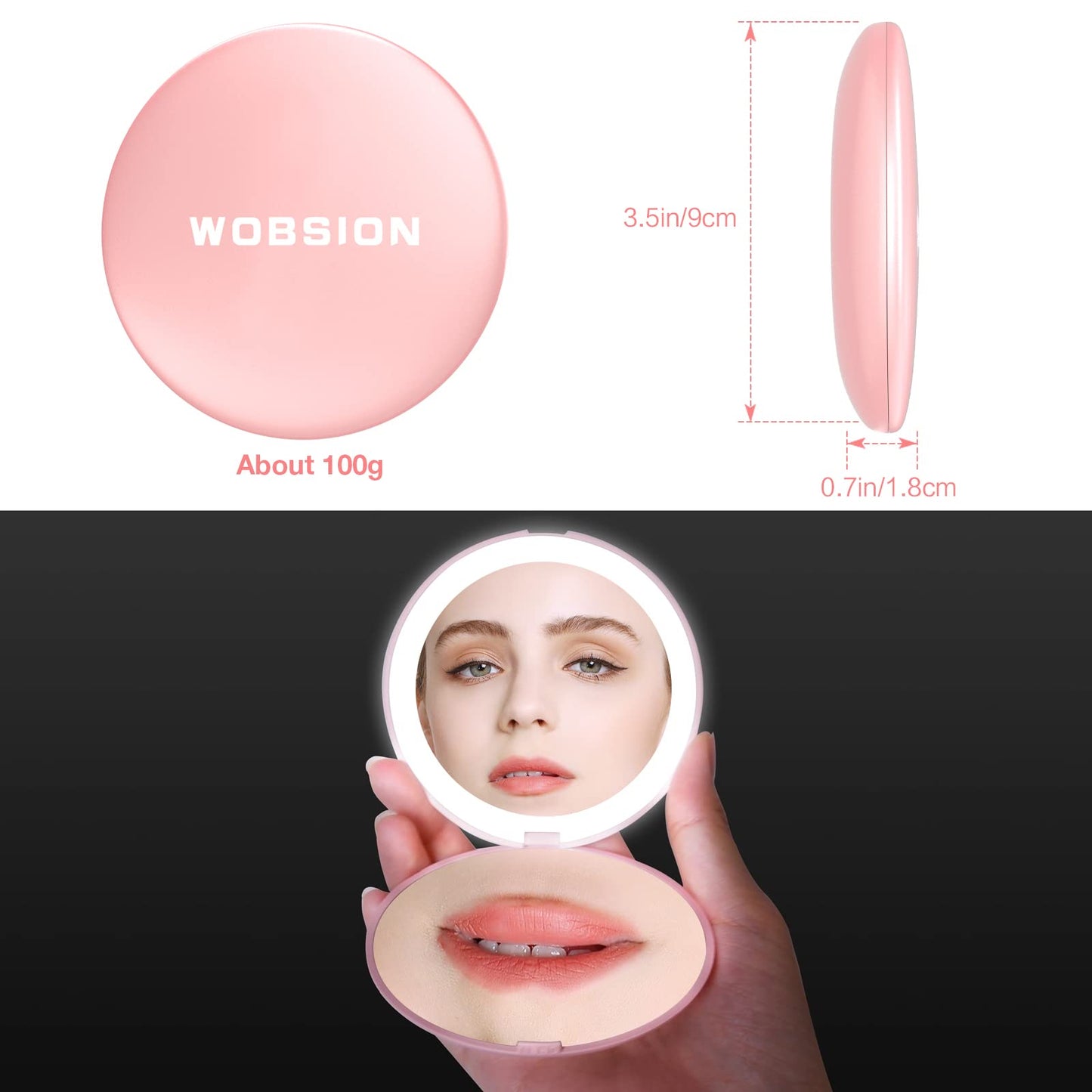 wobsion Compact Mirror with Light, 1x/10x Magnification Travel Makeup Mirror, Handheld 2-Sided Mirror, Compact Mirror for Purses, 3.5 inch Small Pocket Mirror for Handbag,Purse,Pocket,Round,Pink