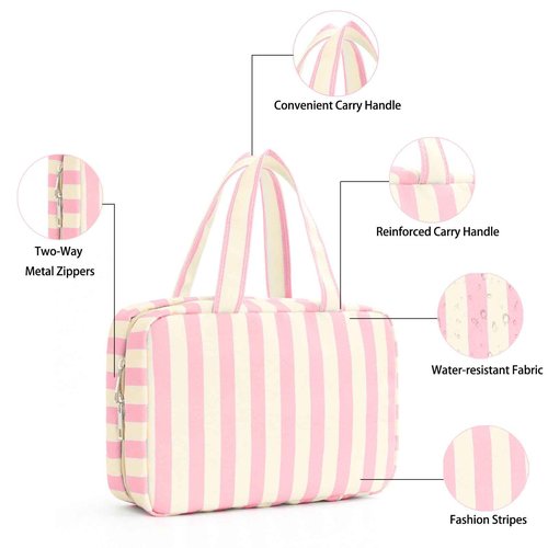 Apxouans Toiletry Bag for Women Travel Water-resistant Cosmetic Bag Fashion Stripes Makeup Bag with Hanging Hook Preppy for Store Toiletries Cosmetic Accessories Large Capacity Pink