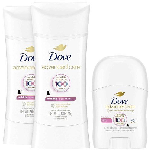 Dove Antiperspirant Deodorant for Women, Clear Finish, 2-Pack + Travel-Size – No White Marks, Pro-Ceramide Technology, Vegan & Cruelty-Free