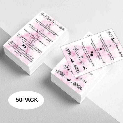Press-On Nail Application Instructions Cards, Aftercare Instructions Cards, 50 Pack 3.5 x 2inch inch Business Card Size, DIY Press-On Nail Kit, White and Pink Design