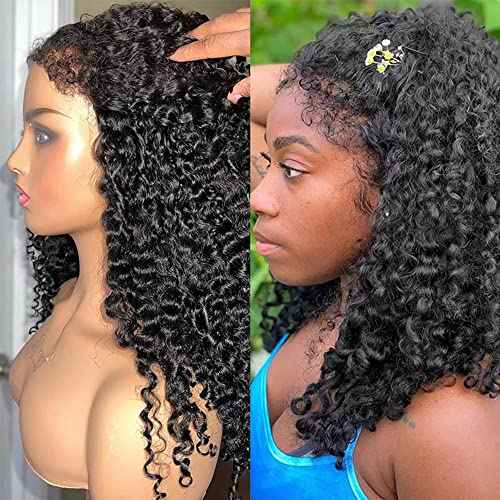 Kinky Curly Edges Hairline 13x4 Lace Front Wigs Human Hair Transparent HD Lace Frontal Wig Pre Plucked Pre Bleached Knots 4C Edges Baby Hair Deep Wave Curly Wig 180% Density (16inches)