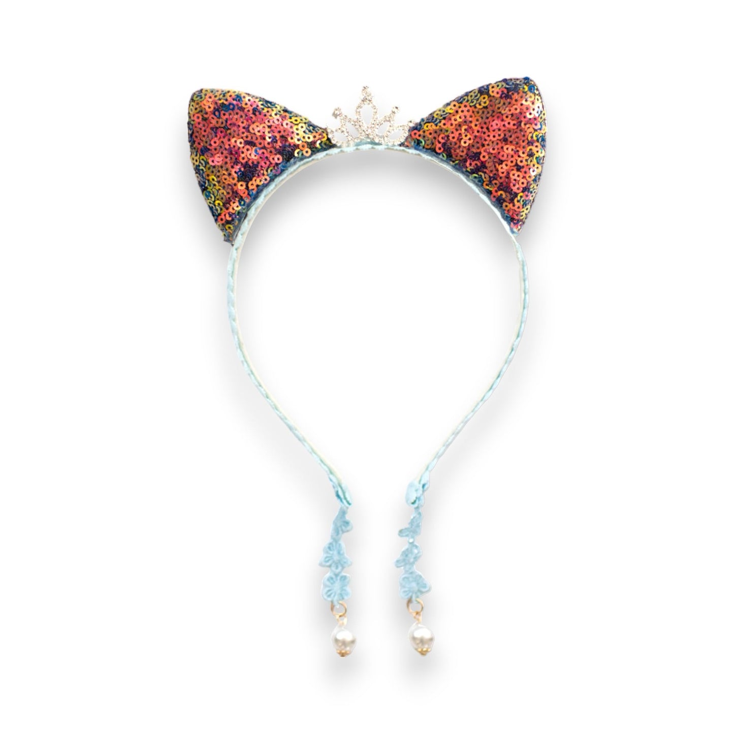 Summer Crystal Girl Sequins Cat Ears Headband with Earring Pendants For Birthdays, Halloween and Parties (Holographic)