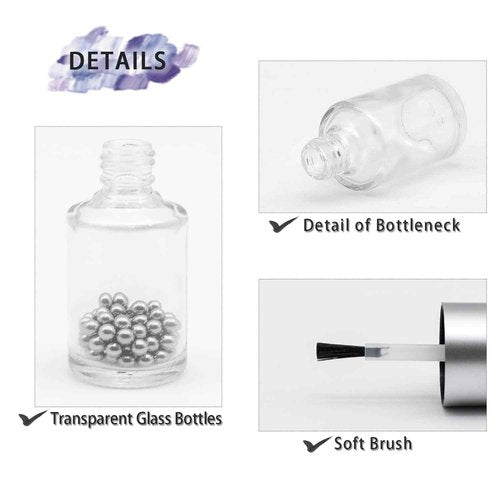 Agidea 6PCS Empty Nail Polish Bottles with Brush, Empty Refillable DIY Glass Nail Polish Bottles with Funnel & Mixing Balls (15ML, Silver)