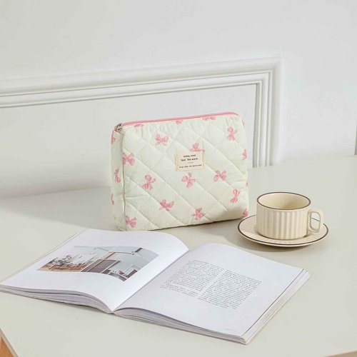RSRSLEII 3Pcs Large Cotton Quilted Makeup Bag Set, Cute Coquette Floral Cotton Cosmetic Bag with Bows, Aesthetic Travel Organized Toiletry Bags for Women Girls（01White Pink）