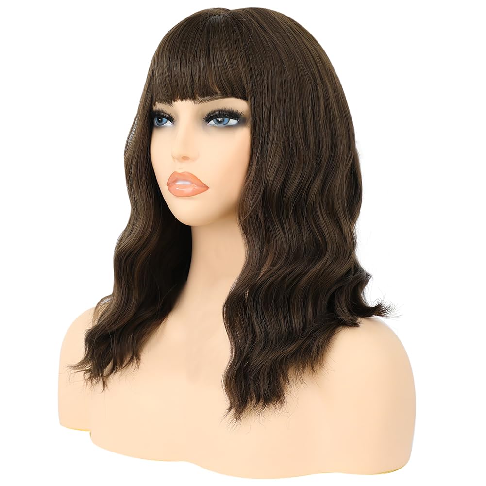 HUAISU Short Curly Hair Wig with Bangs Synthetic High Density Shoulder Length Bob Wavy Wig for Women One Piece Heat Resistant Fluffy Cosplay Wig(Brown, 14inch)