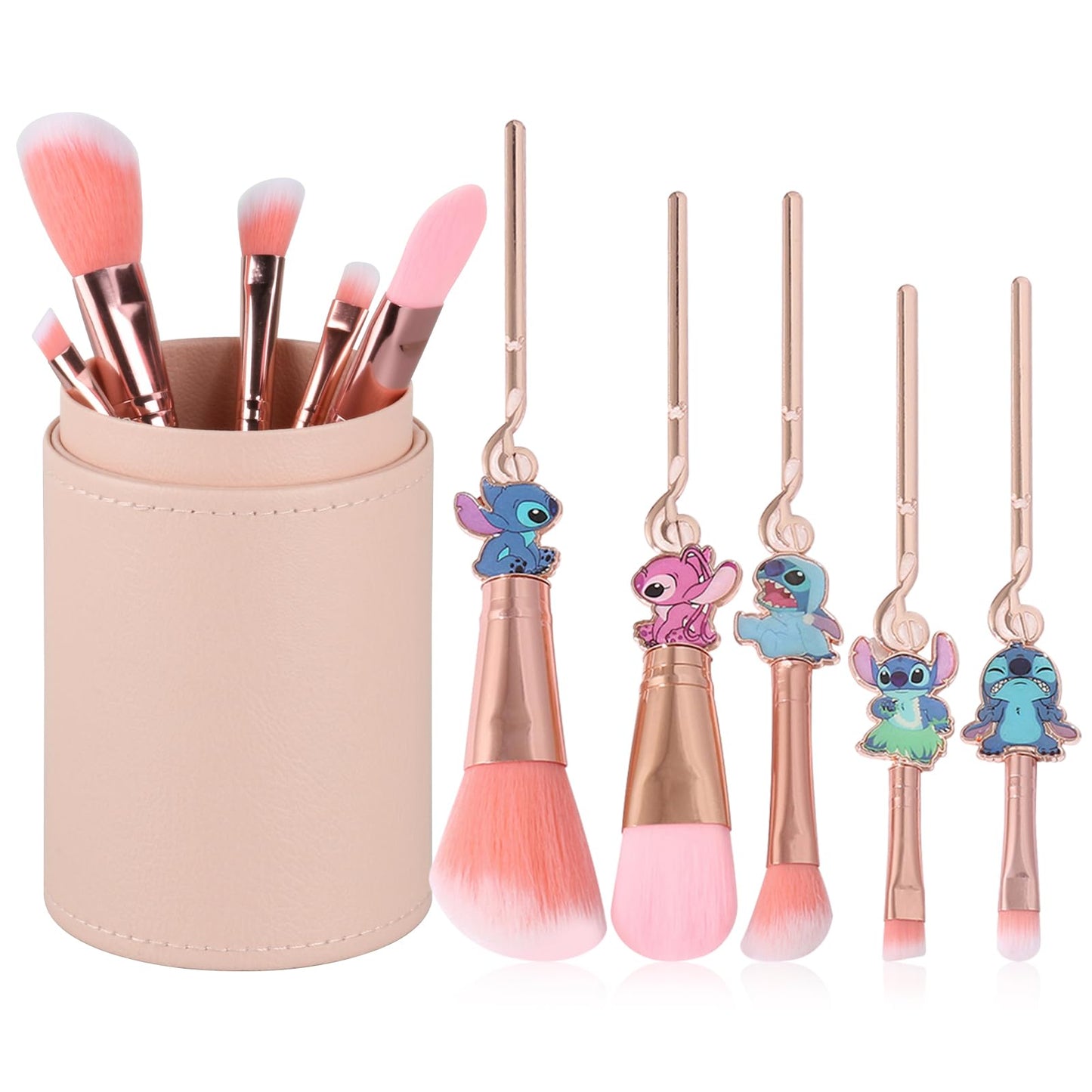 5 Pcs Stitch Makeup Brushes with Brushes Holder, Interstellar Baby Makeup Brushes, Stitch Stuff for Girls and Women(Pink)