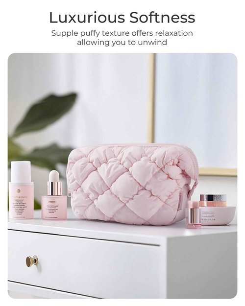 BAGSMART Quilted Travel Makeup Bag, Puffy Toiletry Organizer with Wide Opening, Cosmetic Storage for Women's Accessories, Purple