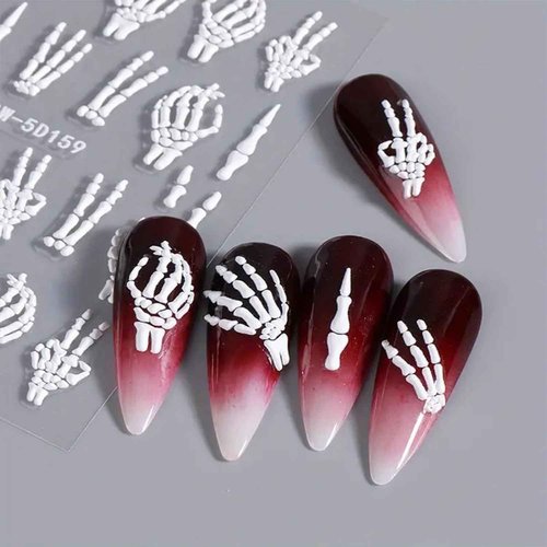 2Pcs Halloween Nail Art Stickers Skull Nail Decals 5D Embossed with Fantasy Bone Skeleton Design Nail Stickers White Hand Finger Bones Nail Art Supplies Adhesive Nail Stickers for Nail Art for Women