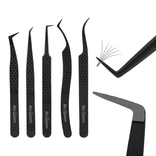 Ms.Queen Lash Tweezers for Eyelash Extensions,Set of 5,Fiber Tip Curved 45 90 Degree and L-Shape Boot Lash Tweezers for Mega Volume & Classic Lashes,Black