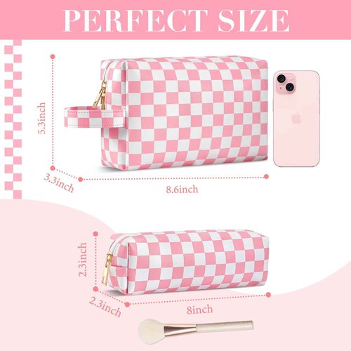 2Pcs Makeup Bag for Women, Large Checkered Cosmetic Bags with Small Makeup Brushes Bag Set, Cute Leather Make Up Organizer with Zipper, Travel Skincare Toiletry Storage Pouch for Teen Girls Gift(Pink)