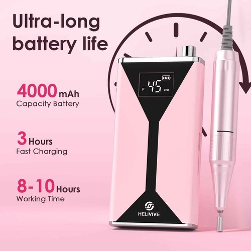 HELIVIVE Professional Electric Nail Drill 45000RPM (Portable & Rechargeable) (with 11 Drill Bits ) Cordless Nail File Machine for Shaping, Polishing & Removing Gel Nails for Salon Home (Pink)