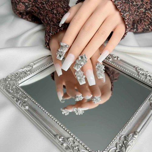 Handmade Square Press on Nails,Ivory White Press Ons,Nails with Crystal Bow Design, 3D Jeweled Decorative Nails for women,m