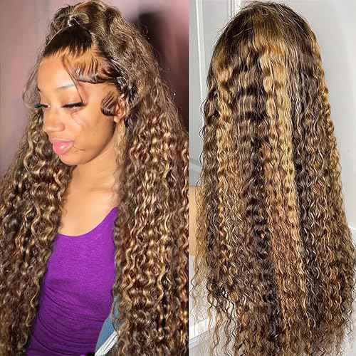 P4/27 Highlight Deep Wave Wig Human Hair 13X6 Highlight Lace Front Wig Human Hair 210% Density Ombre Curly HD Transparent Lace Frontal Wigs Human Hair Wet and Wavy Wig Pre Plucked 22 Inch