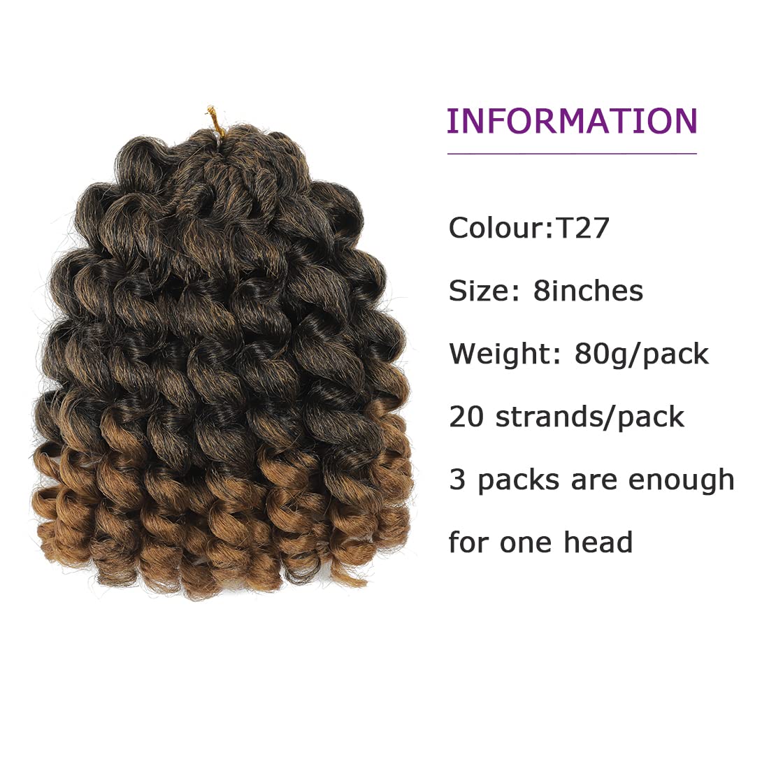 Wand Curl Crochet Braids Hair 8 Inch Jamaican Wand Curl Crochet Hair Jamaican Bounce Crochet Hair Wand Curl Crochet Braids Ringlet Twist Hair Extension Crochet Hair (3 PCS,T27)