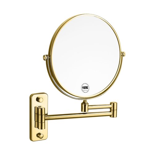 AIREMOEN Gold 1x10x Double Sided Magnifying Bathroom Makeup Mirror 360 Degree Swivel Mirror Adjustable Telescopic Arm Wall Mount 8 Inch Non-Illuminated Beauty Mirror Shaving Mirror（Square Base）