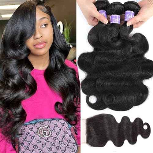 Hair 12A Brazilian Body Wave Bundles with Closure (10 12 14+10,Free Part) 100% Unprocessed Brazilian Virgin Human Hair Body Wave Bundles with Closure Natural Black Color