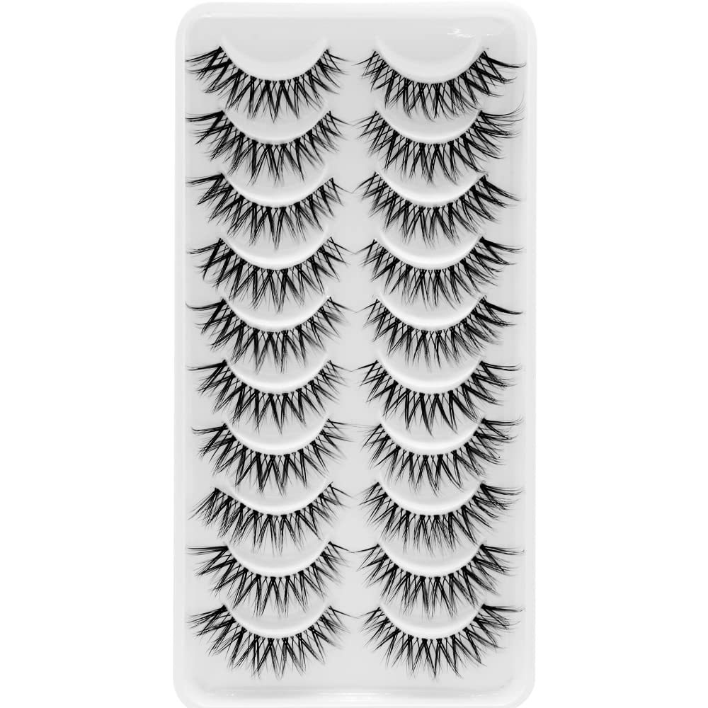 Bershnor False Lashes 3D Cat-Eye Volume Eyelashes Clear Band Lashes Natural Look Faux Mink Invisible Strip Wispy Fake Lashes 10 Pairs