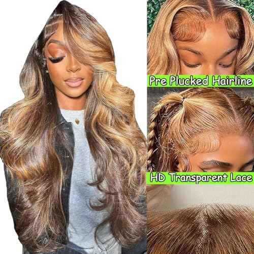28 Inch Highlight Honey Blonde Lace Front Wig 13¡¿6 Ombre P4/27 Highlight colored Lace Front Wigs Human Hair Pre Plucked Bleached Knots 180% Density