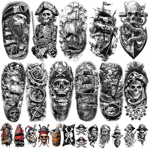 77 Sheets Pirate Temporary Tattoos Adult Men Kids Captain Pirate Ships Flag Sailor Anchor Sailboat Skull Fake Tattoos, Pirates Stickers for Costume Dress Up Makeup Party Accessories